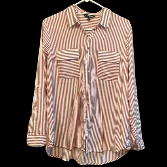 🌺Express Lg Classic Safari Style Pinstriped Blouse - Picture 3 of 17